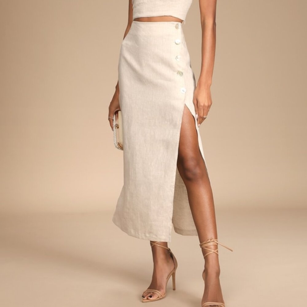 Lulus Caught In Cannes Beige High-waisted Side Button Midi Skirt - Size XL